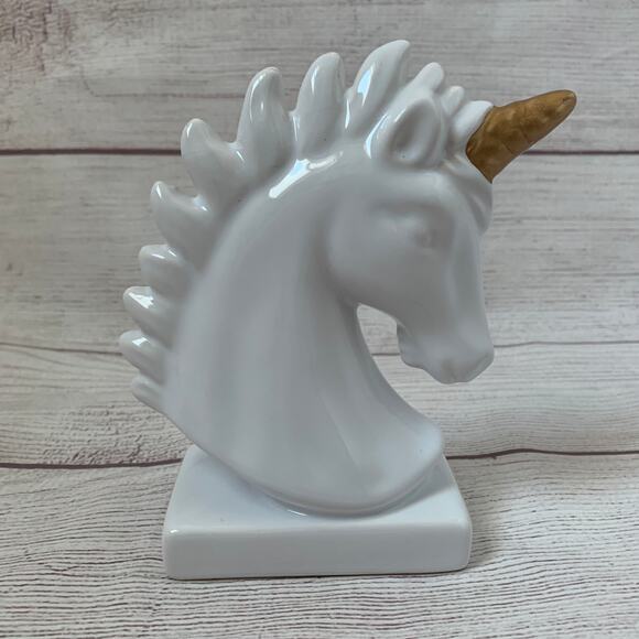 White Ceramic Unicorn Statue Figurine Bust with Gold Horn Glazed Finish 6" - Picture 1 of 14